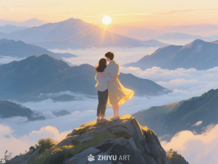 山顶情侣拥抱，共赏日出美景 616