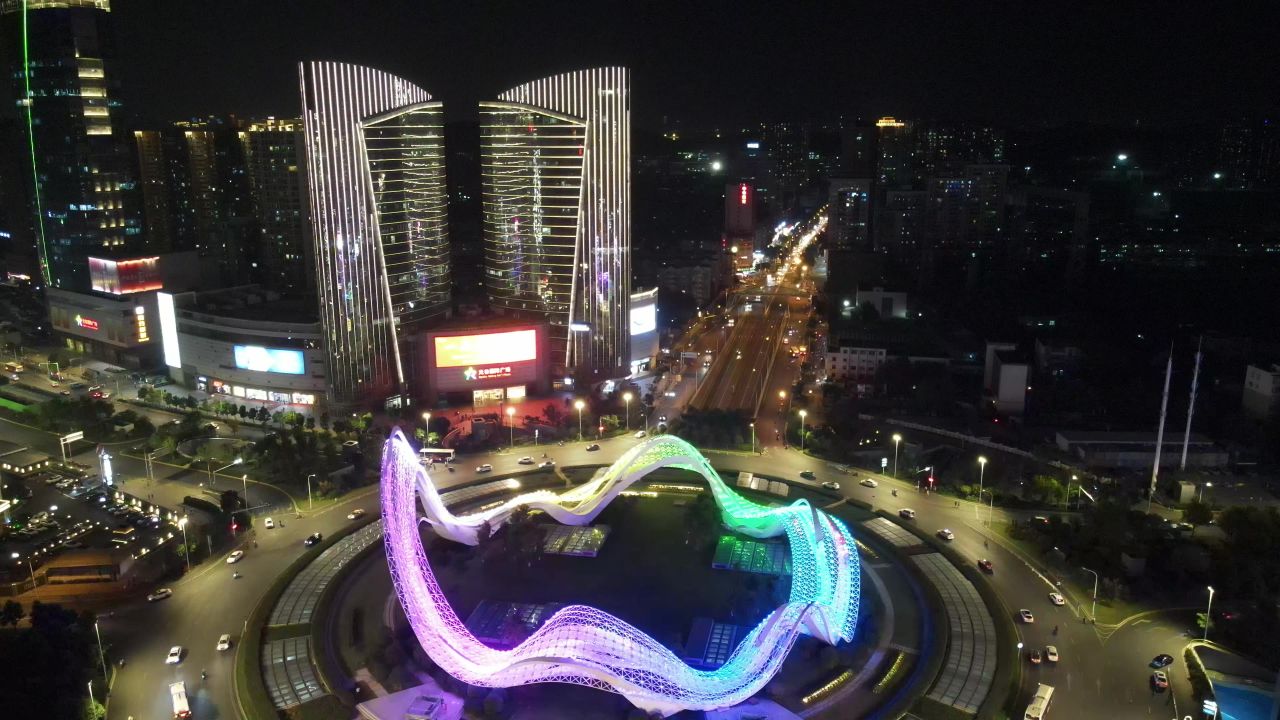 湖北武汉光谷广场夜景交通转盘航拍