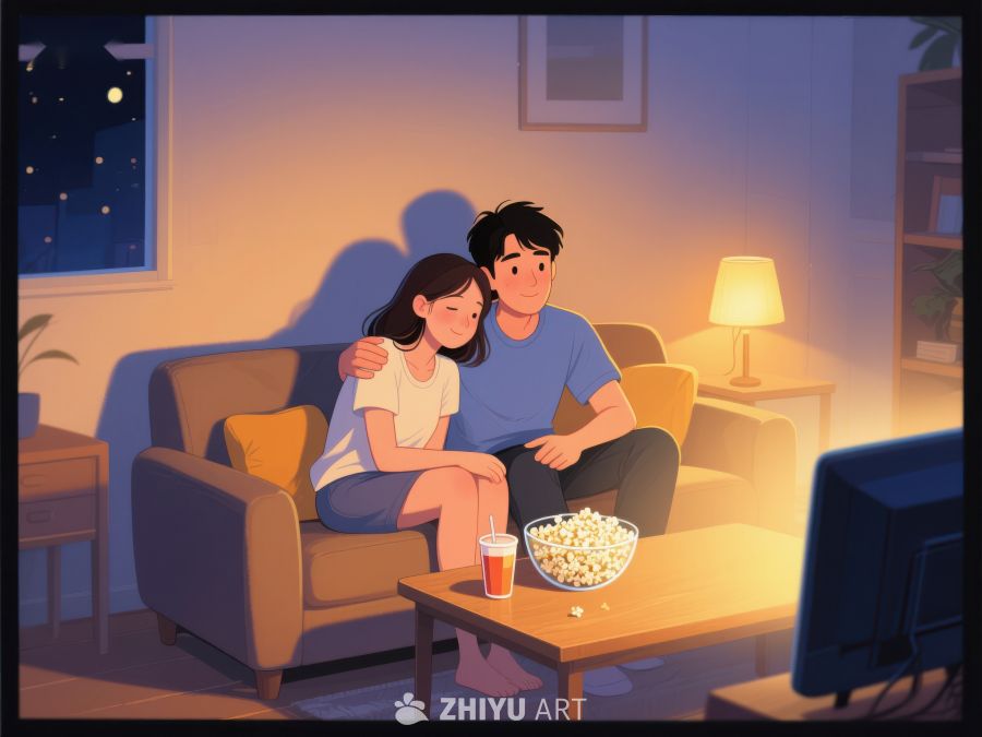 温馨夜晚，情侣共赏电视 898