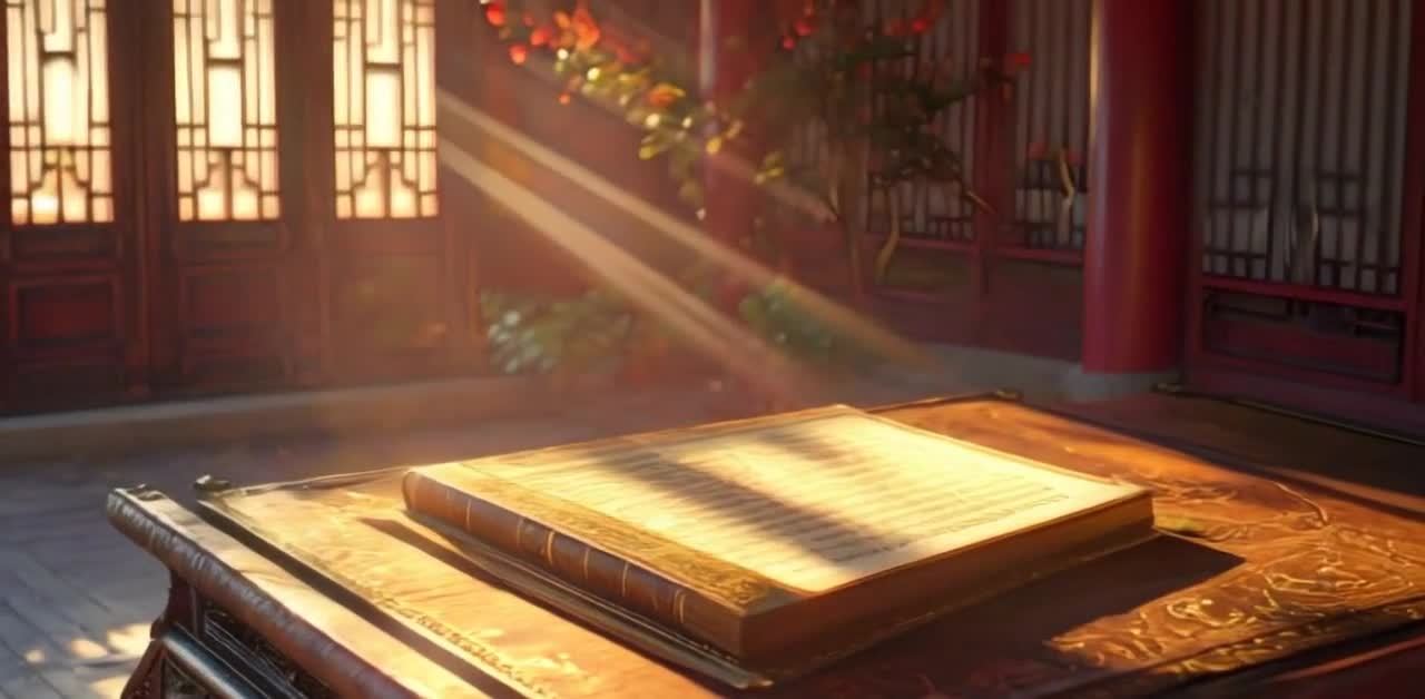 书桌上放着一本翻开的书，书页上呈现出文字，阳光透过