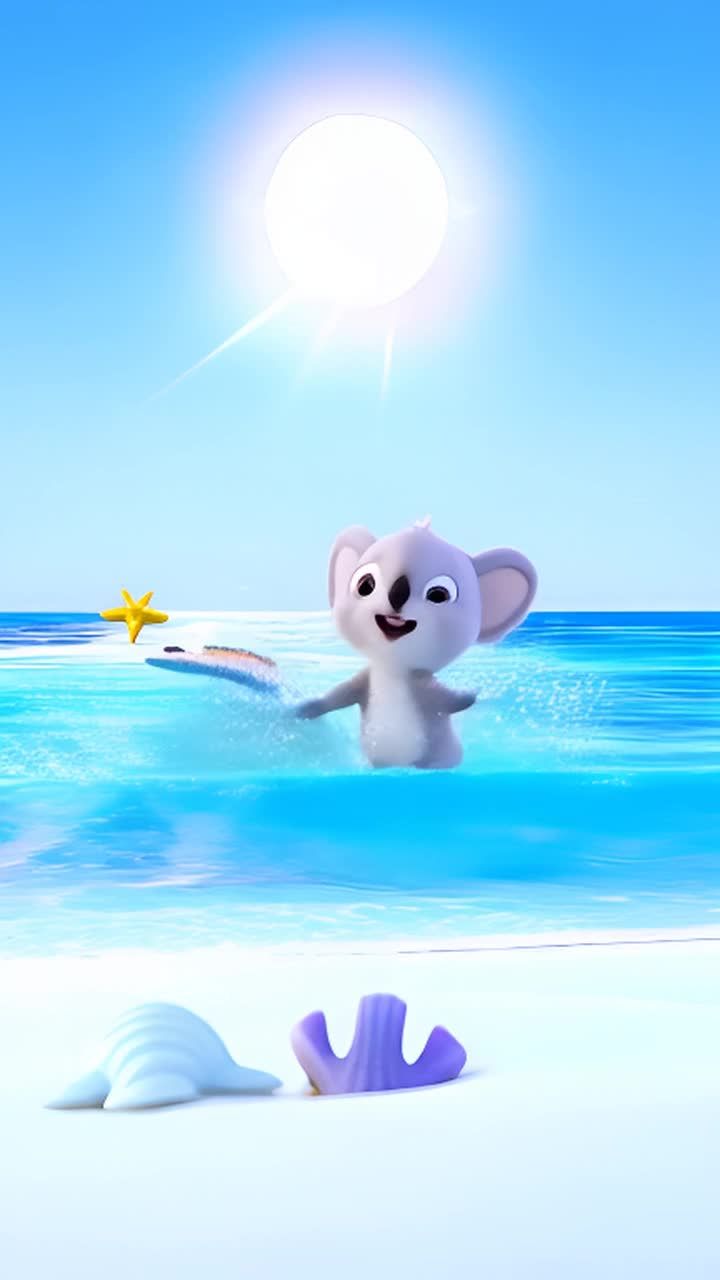 一只考拉站在沙滩上，海浪拍打着它的腿。考拉后方是蓝