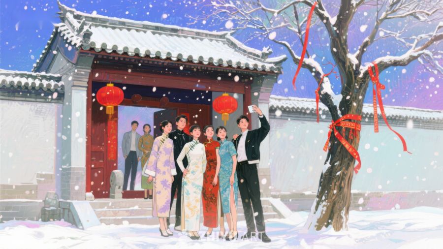 雪中古建筑前的欢聚时刻 1098