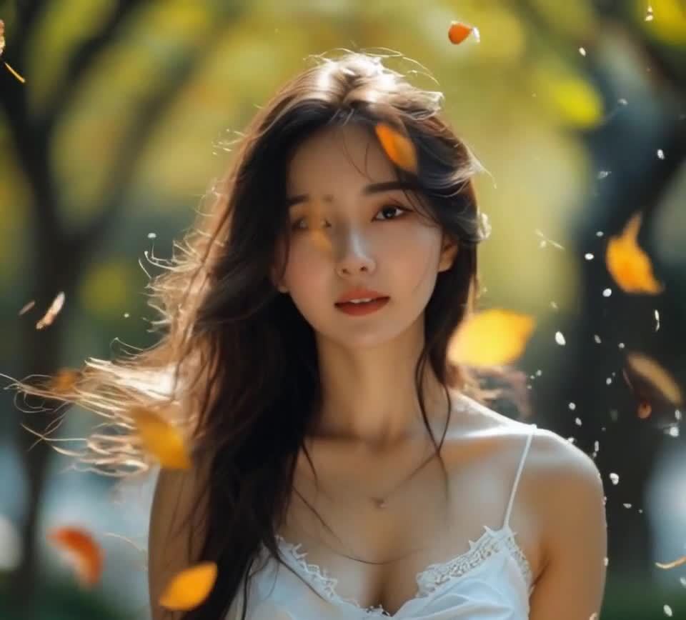 一位年轻女性站在户外，背景模糊。她留着长长的深棕色