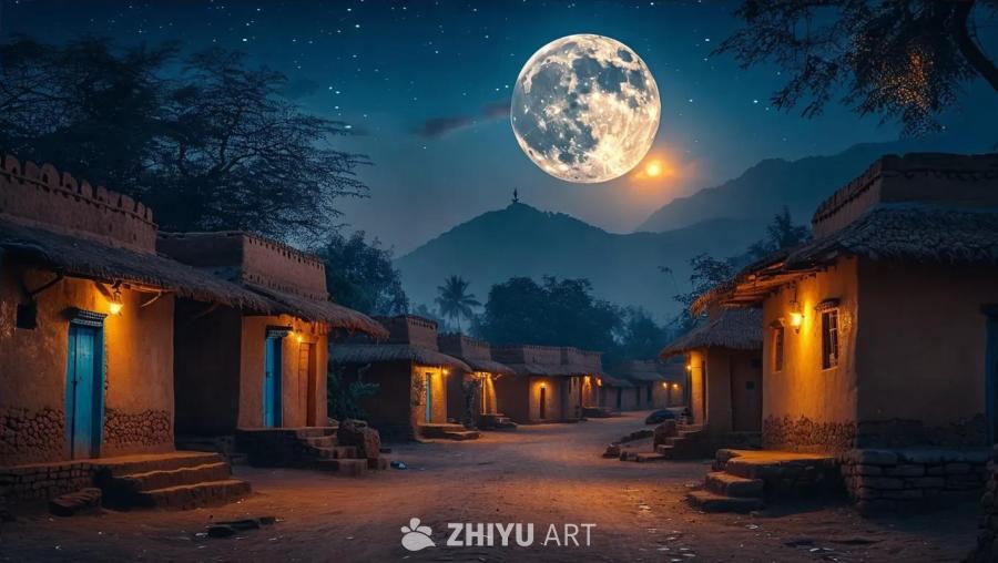 夜空中悬挂着一轮巨大的月亮，星光点点。远处的山顶轮