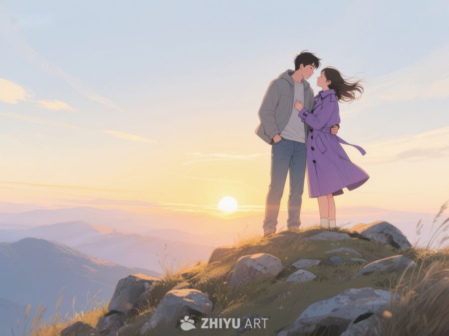山顶情侣夕阳下相拥 644