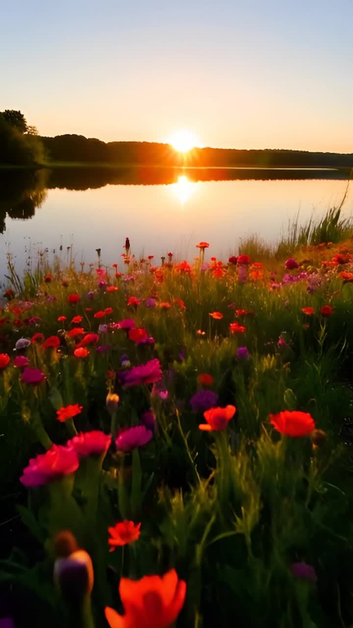 透明的湖泊附近，盛开着鲜艳的花朵，夕阳正在落下，阳