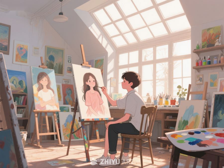 画家在工作室创作肖像画 360