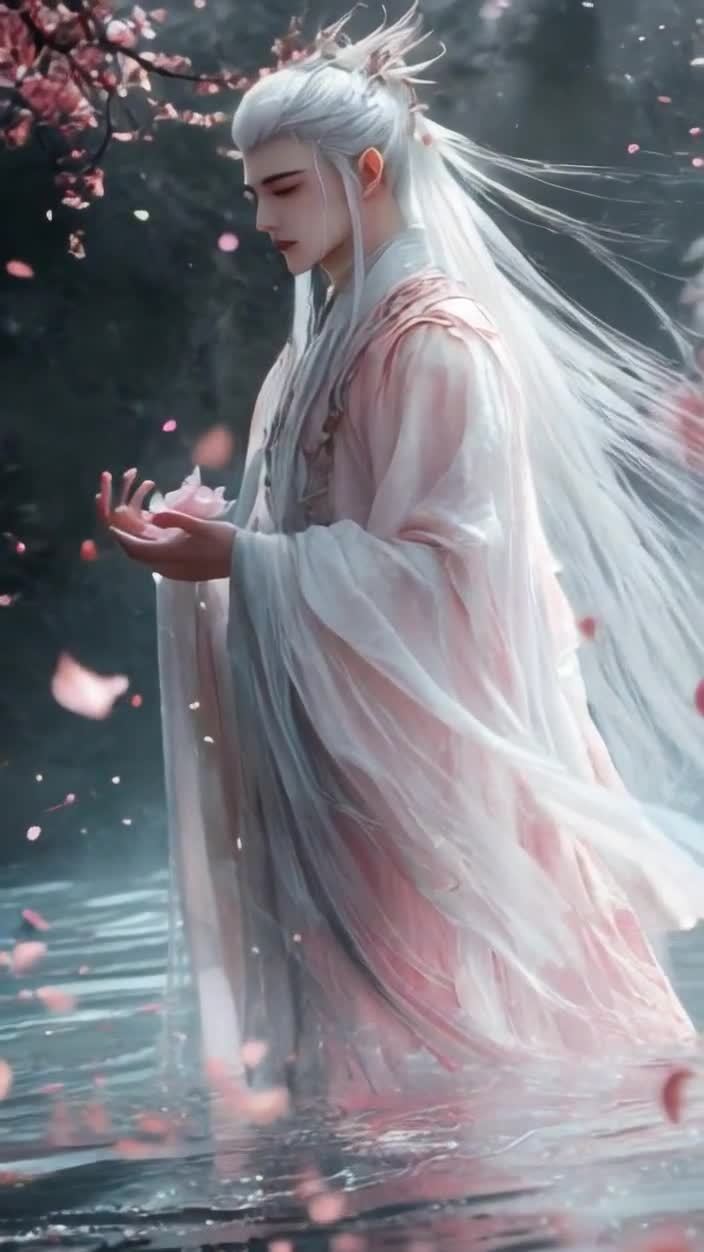 白发男子粉衣执花立于水中