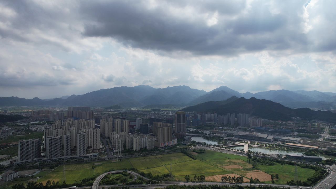 城市蓝天白云天际线高楼建筑航拍温州 