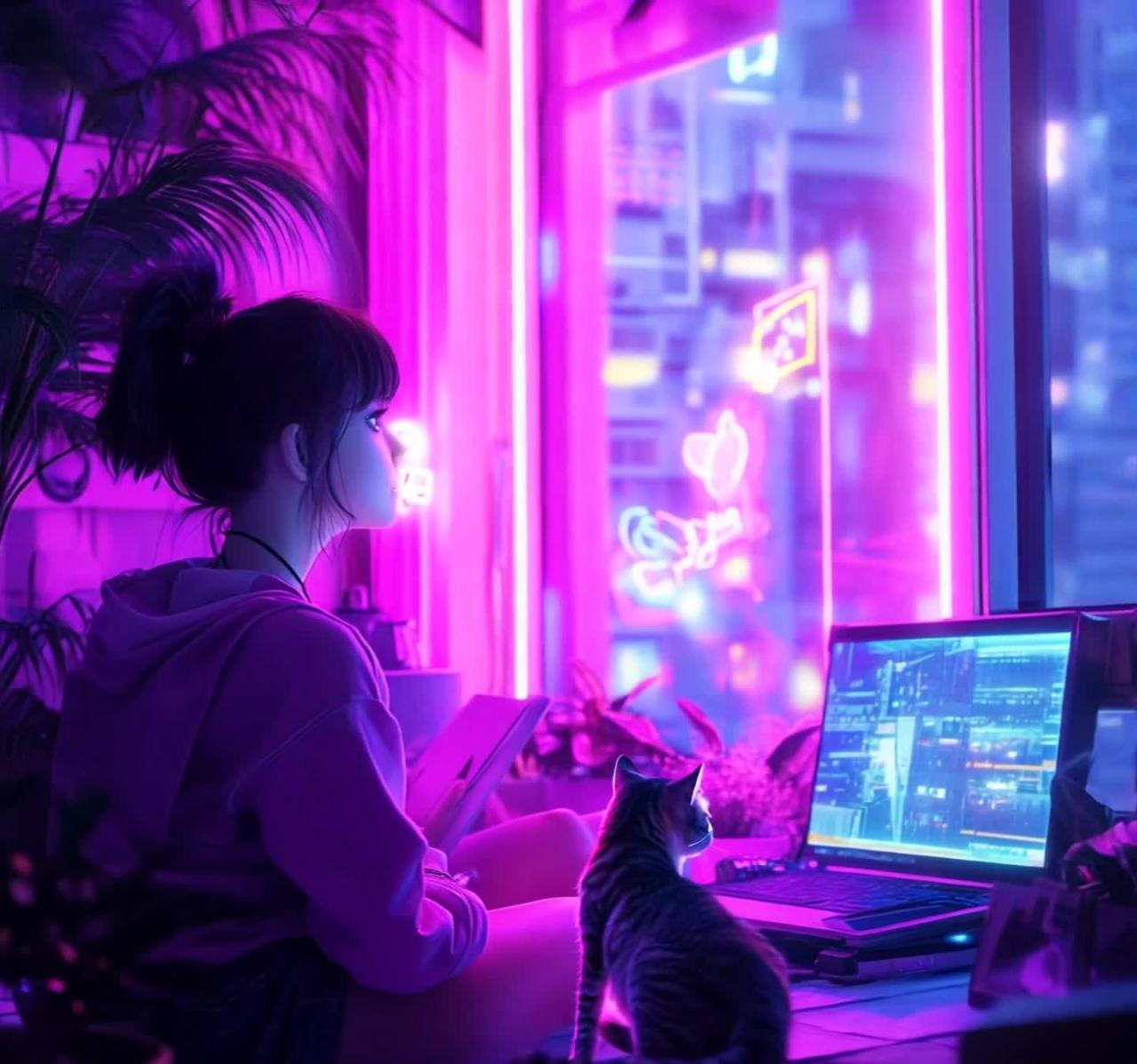一名女性坐在室内，看向窗外。她穿着一件紫色的连帽衫
