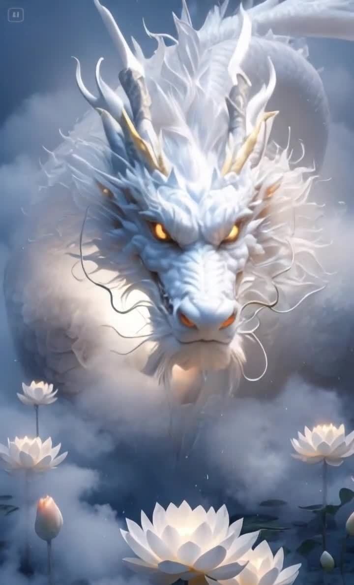 白龙现世，祥云伴莲，目光炯炯似怒火。