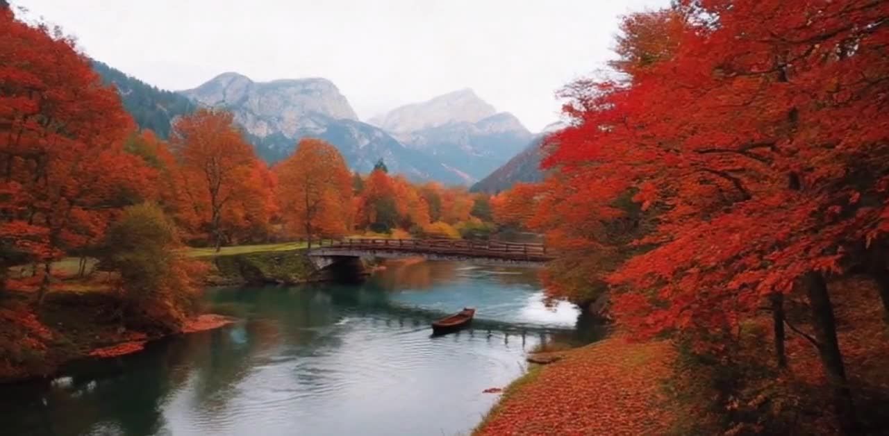 秋日山水画：红枫河流，木桥孤舟，远山落叶。