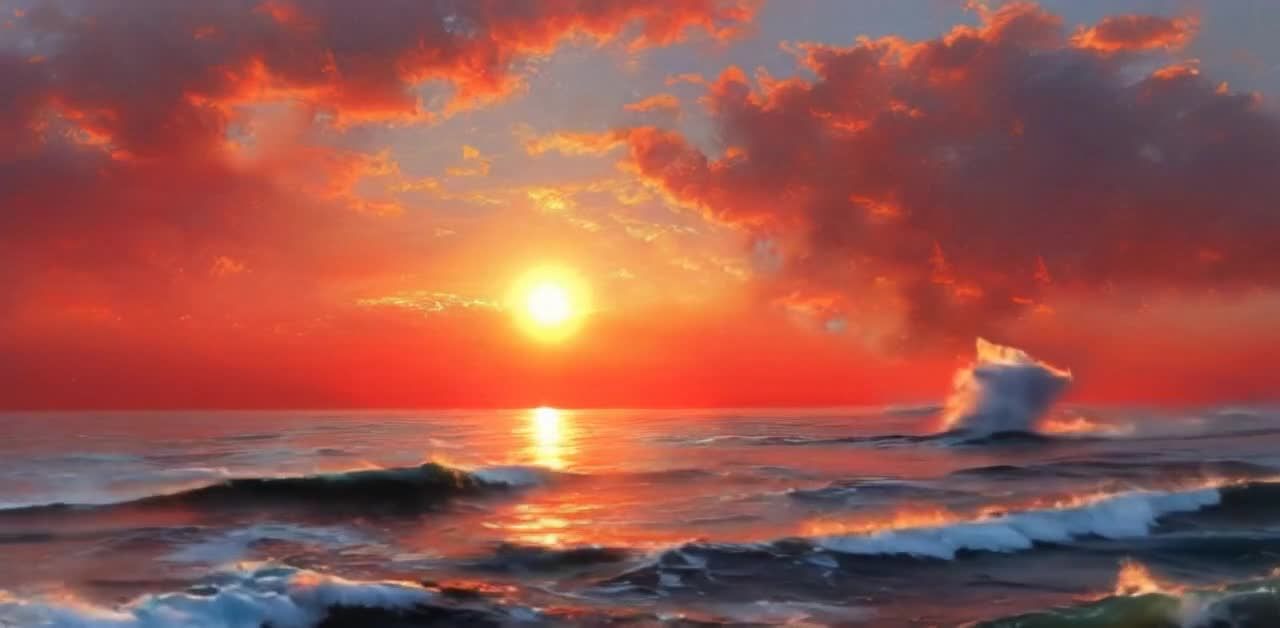 海浪翻滚，天空呈现出鲜艳的橙红色。一轮金色的太阳悬