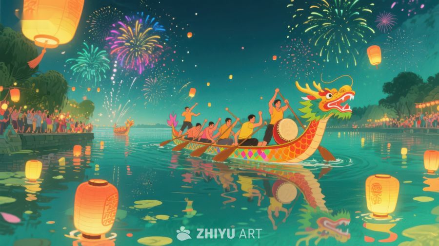 龙舟竞渡，烟花绽放夜景 286