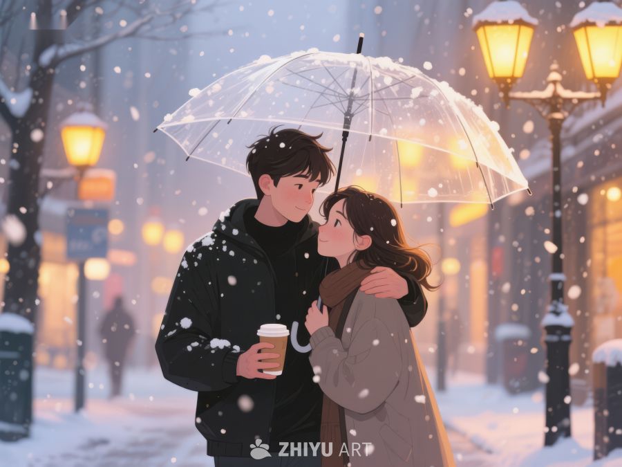 雪夜伞下情侣温馨相拥 979