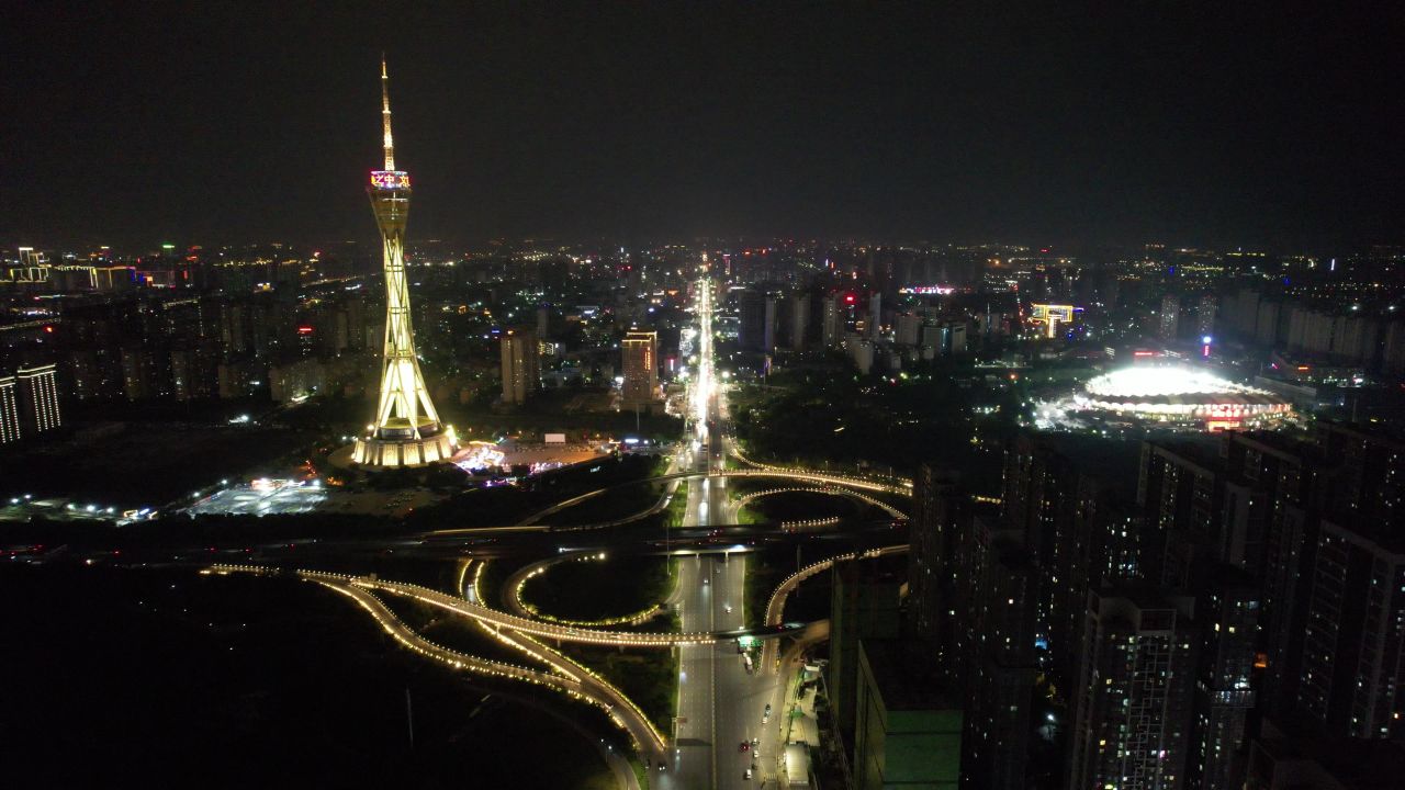 河南郑州城市夜景灯光航拍