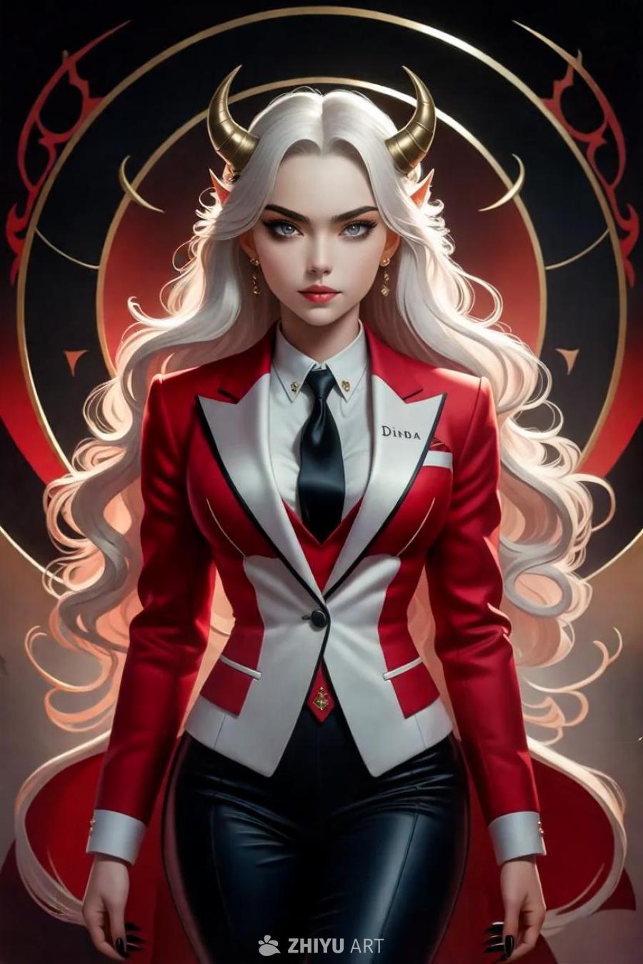 一位自信的恶魔女孩，拥有长长的波浪状白发，名字是D