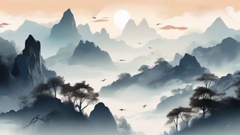 国风水彩画山水风景插画 92