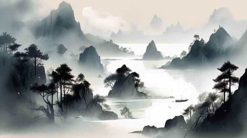 雾气缭绕水墨山水画简约风格 74