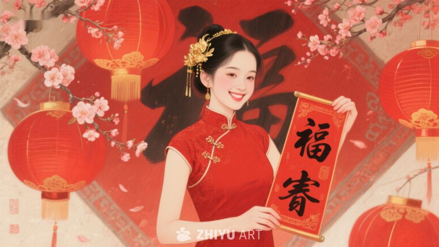 女子手持福字庆祝春节 734