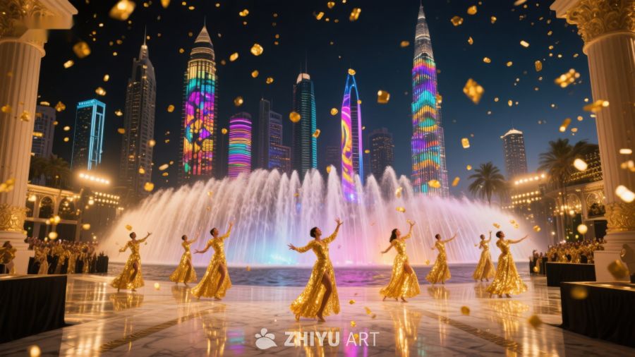 夜景喷泉与舞者表演 872