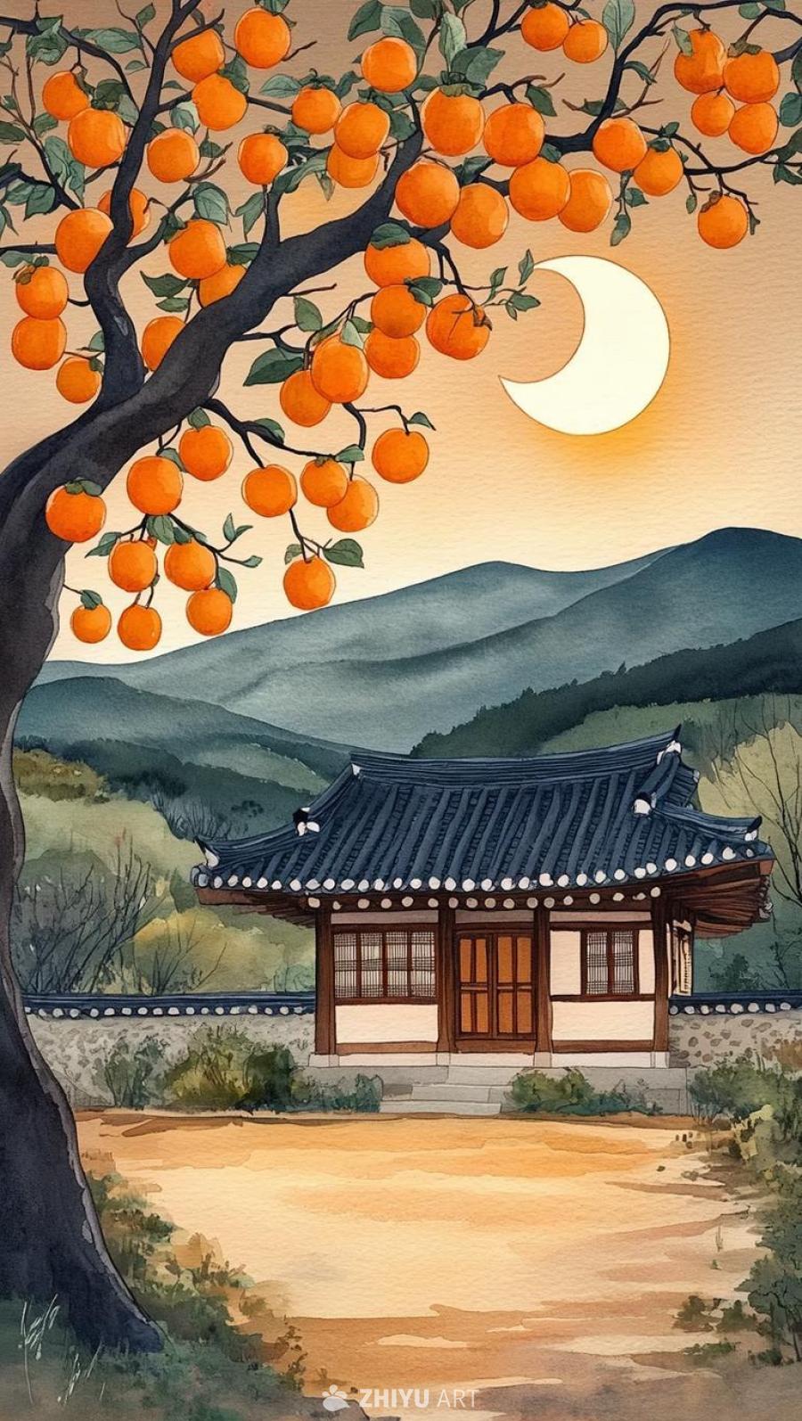 一棵巨大的柿子树占据了前景，它宽阔的树枝伸展开来，