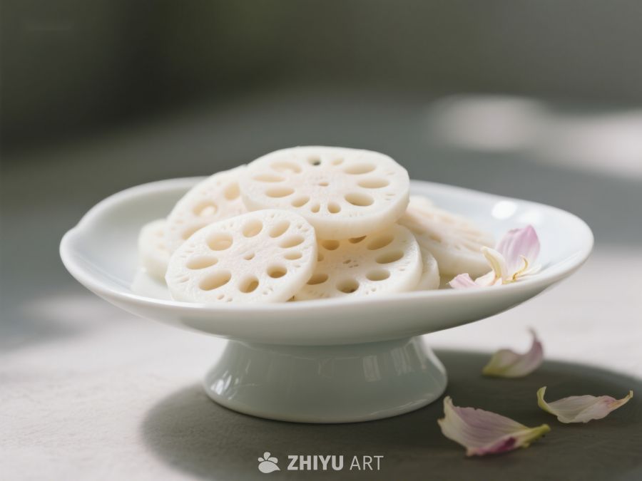莲藕片置于白色瓷盘中 229