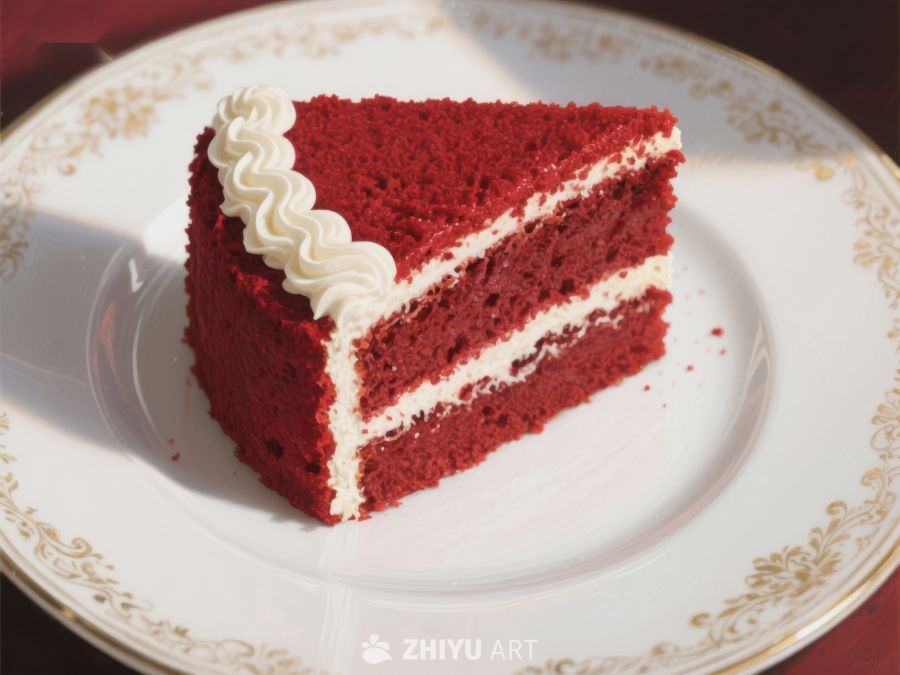 红丝绒蛋糕切片，奶油装饰