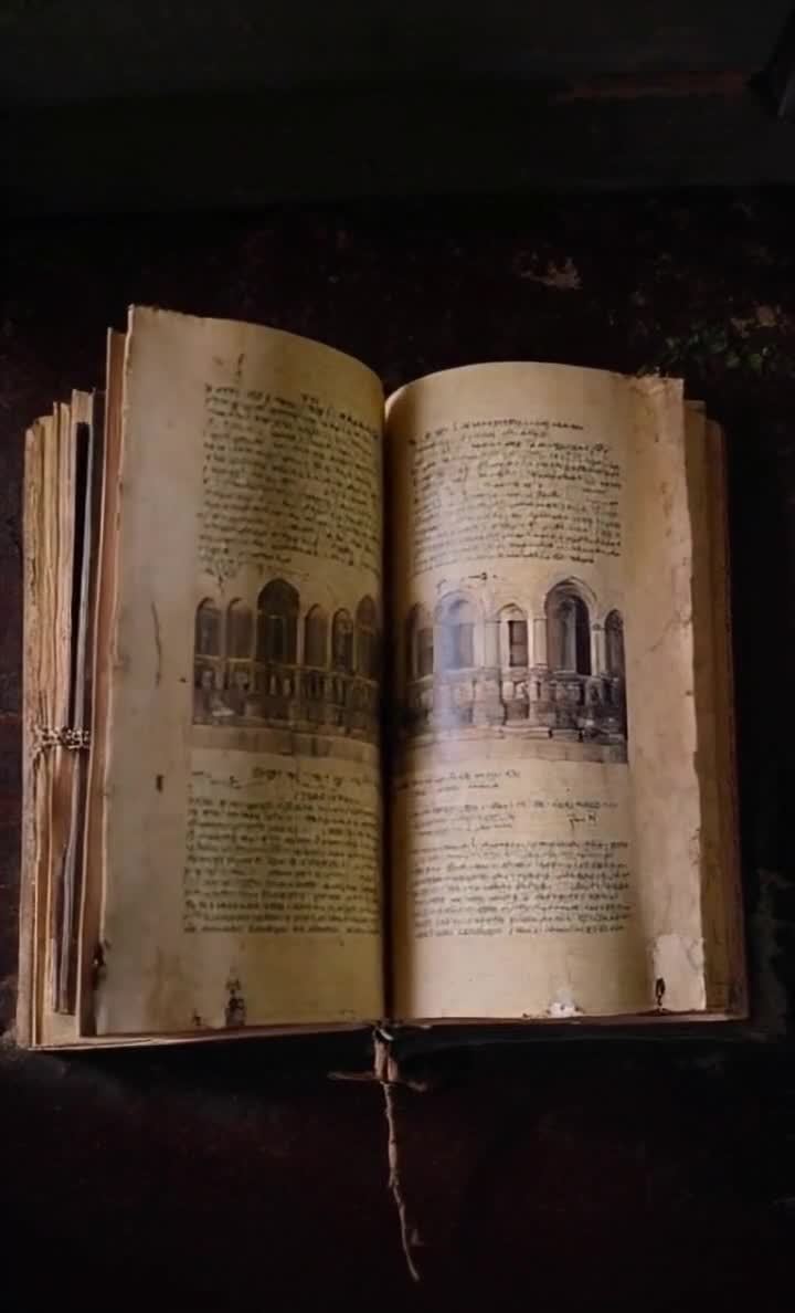 古老史书打开，宫殿远景图与手写文字呈现