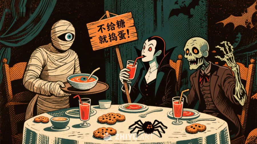 万圣节餐桌上的不给糖就捣蛋