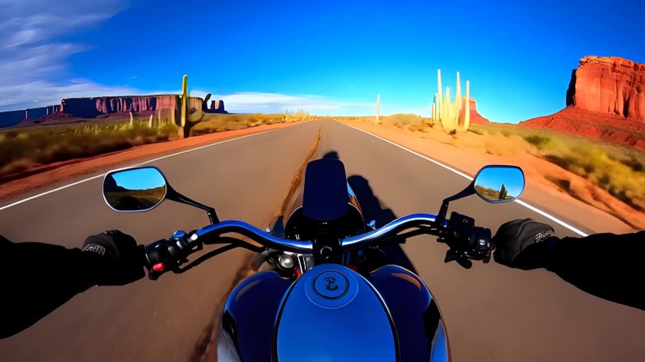 摩托车行驶在亚利桑那沙漠一条笔直的道路上，道路两旁