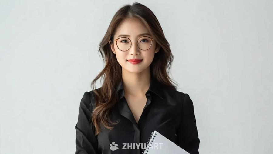 一名女性身穿黑色衬衫，站在纯白色背景前。她戴着圆形
