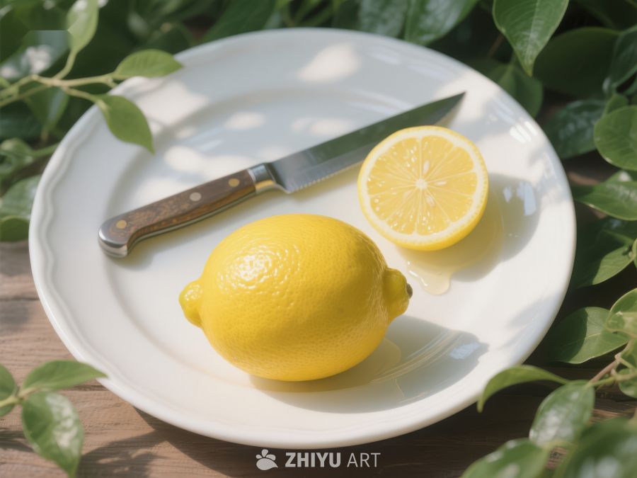 柠檬与刀置于白盘中 272