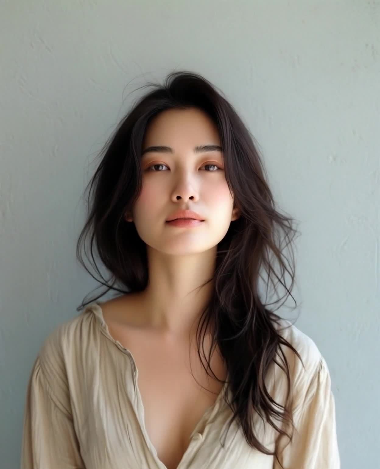 一位女性站在浅灰色背景前。她有着黑色的长发，发丝略