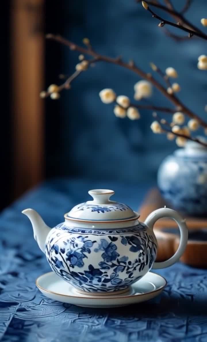 一个青花瓷茶壶，放在一个白色的碟子上。茶壶和碟子都