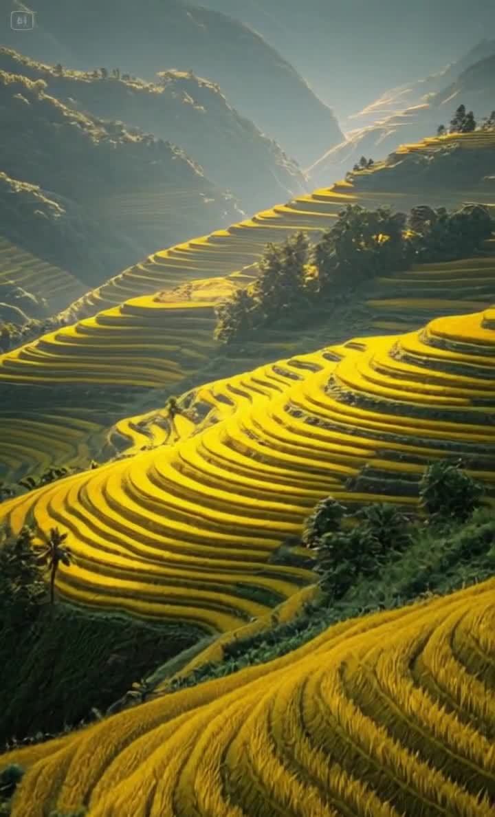金黄梯田山坡壮丽景色，阳光照射光影交错。