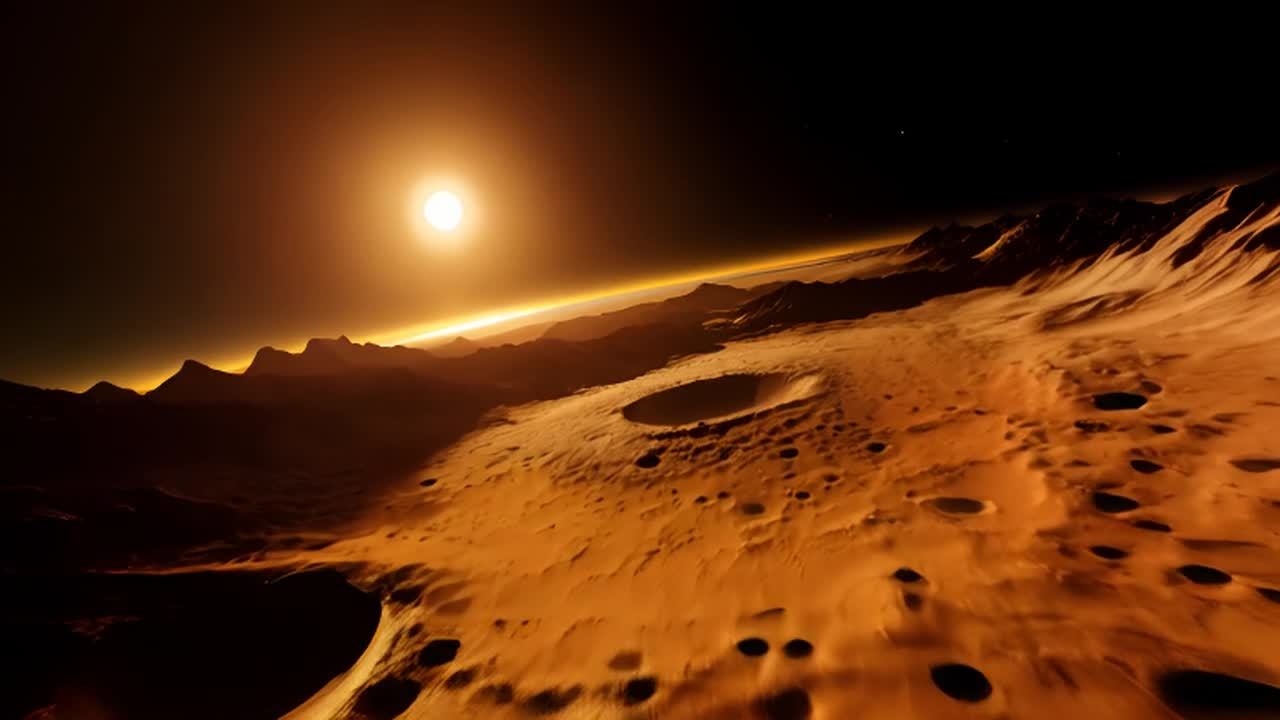 一个遥远的太阳照亮了一个崎岖的外星行星。陨石坑和山