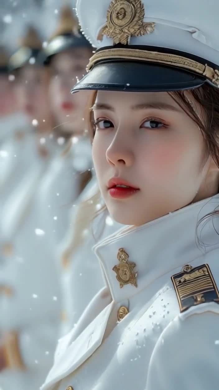 雪中白色海军制服美女侧颜回眸