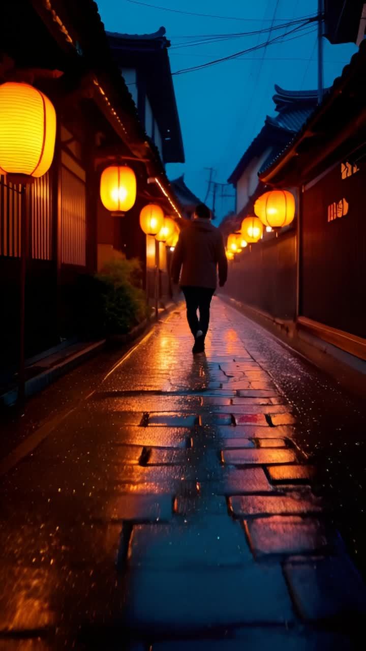 一个人走在下着雨的日本街道上，街道两旁挂着明亮的灯
