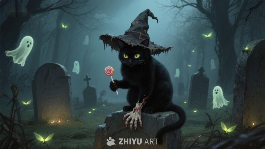 黑猫巫师帽手持糖果，墓地幽灵环绕