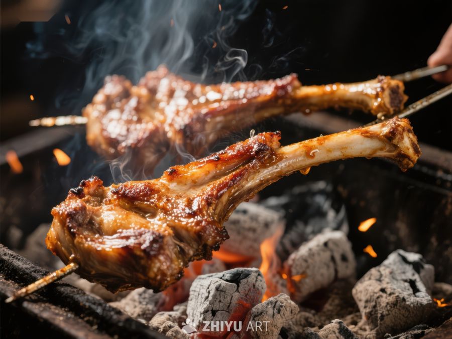炭火烤羊排，香气四溢