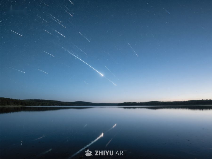 夜空流星划过平静湖面 251