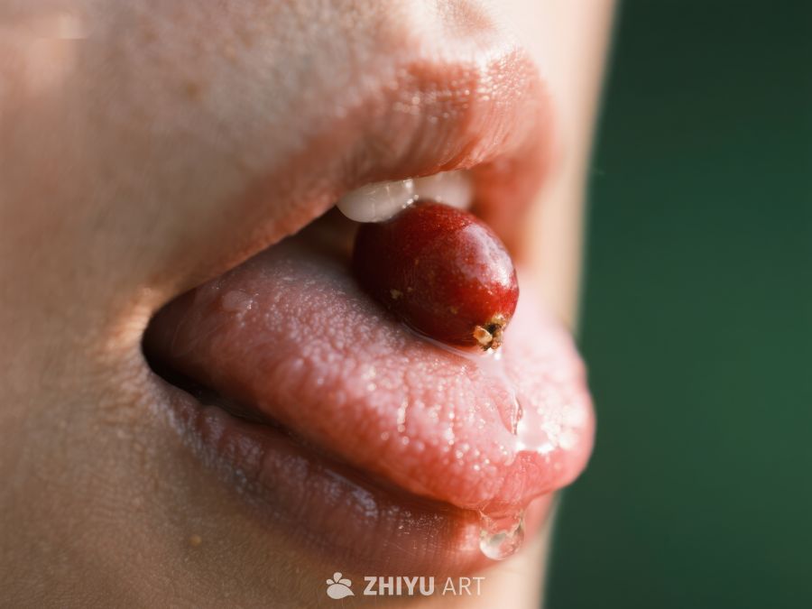 嘴唇轻咬红色浆果的特写 858