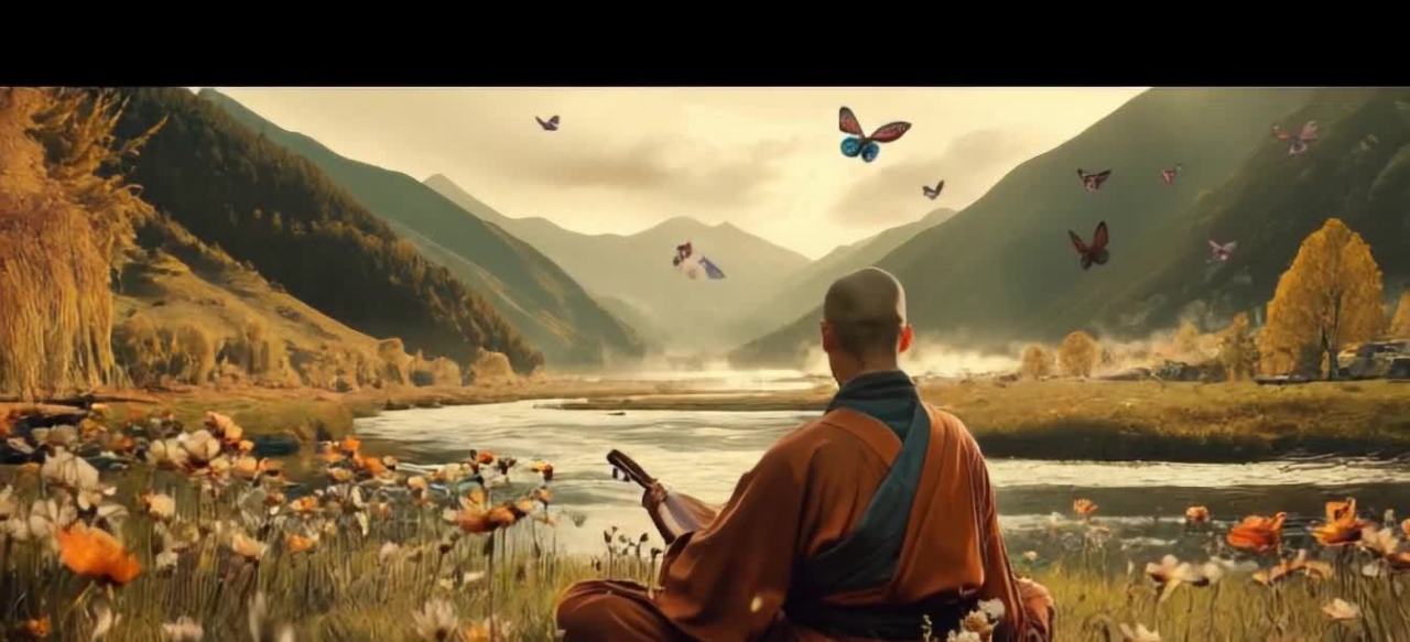 一位僧侣坐在开满鲜花的草地上，面向河流和远处的山脉