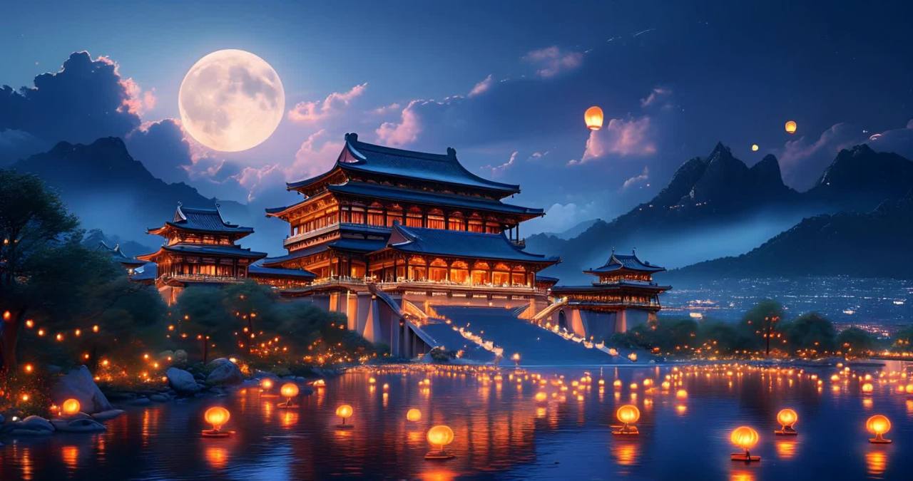 月夜楼阁湖畔灯火璀璨中国风情画卷