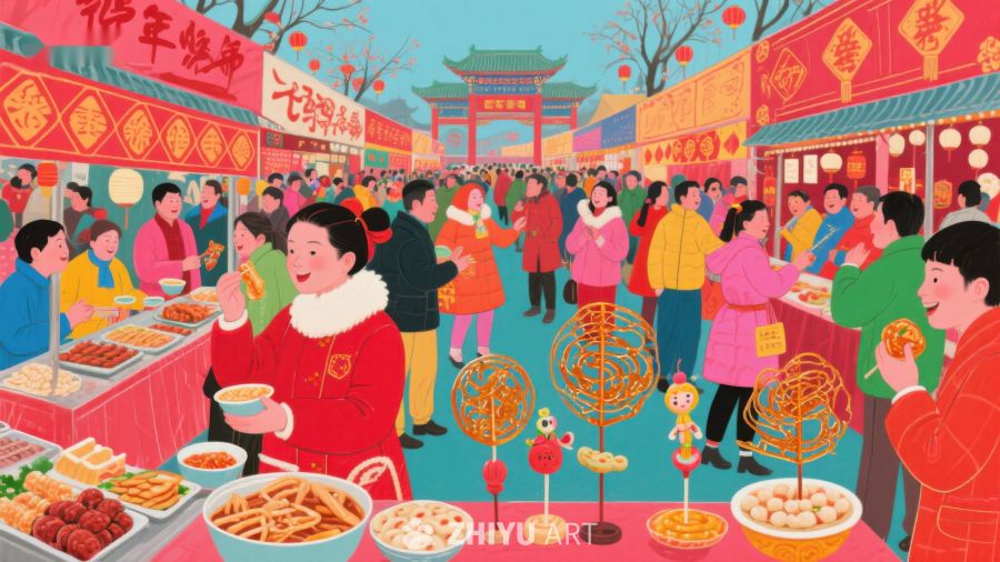 热闹春节市场，美食与欢庆 771