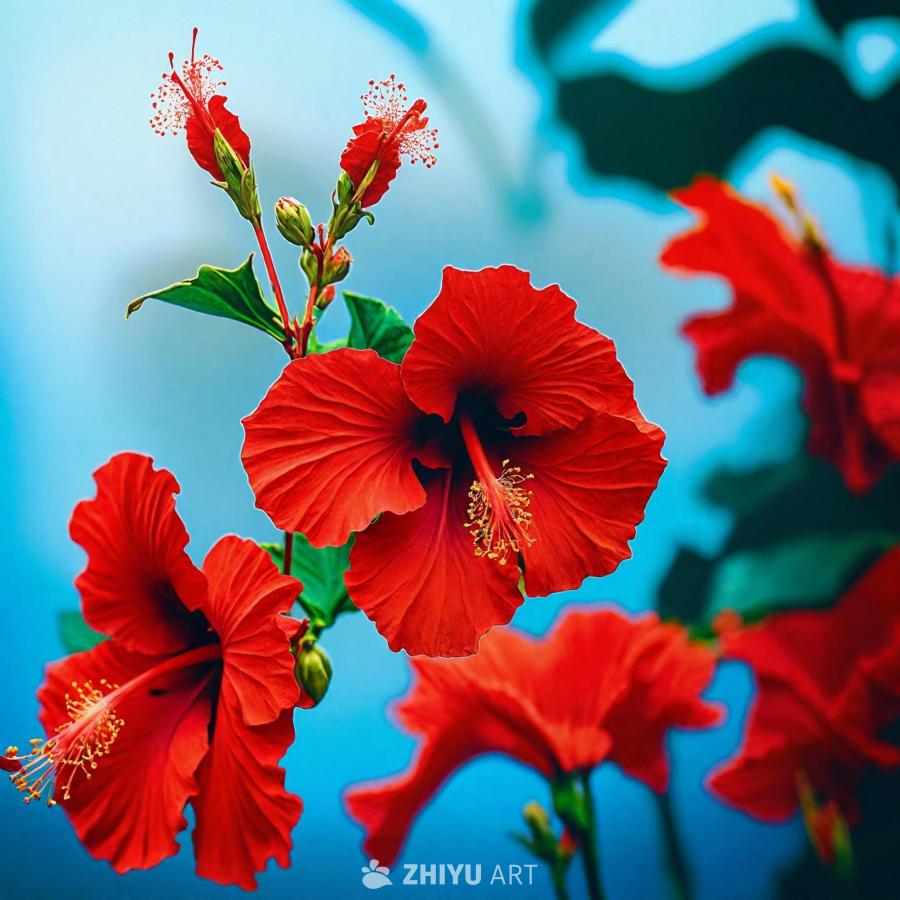 一束美丽的红色芙蓉花，是场景的焦点。 这些花朵以特