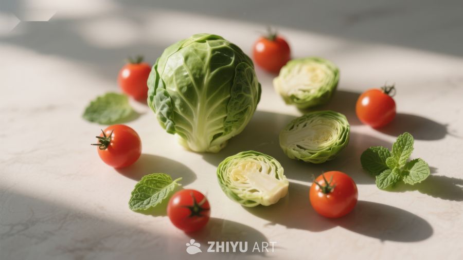 新鲜蔬菜组合：卷心菜与樱桃番茄