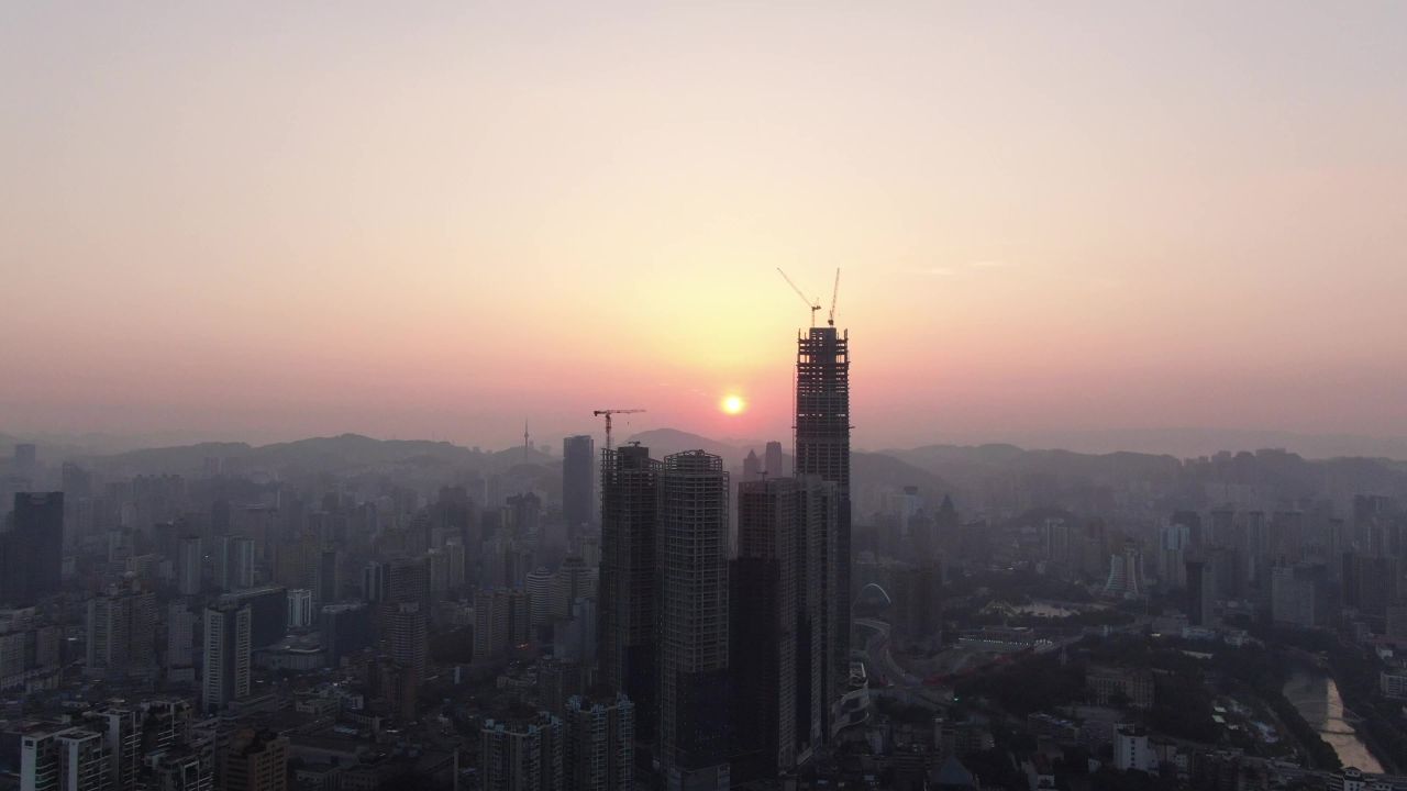 贵州贵阳城市清晨日出彩霞航拍