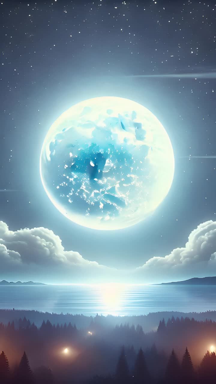 一个发光的圆形月亮悬挂在夜空中，天空中有许多星星，